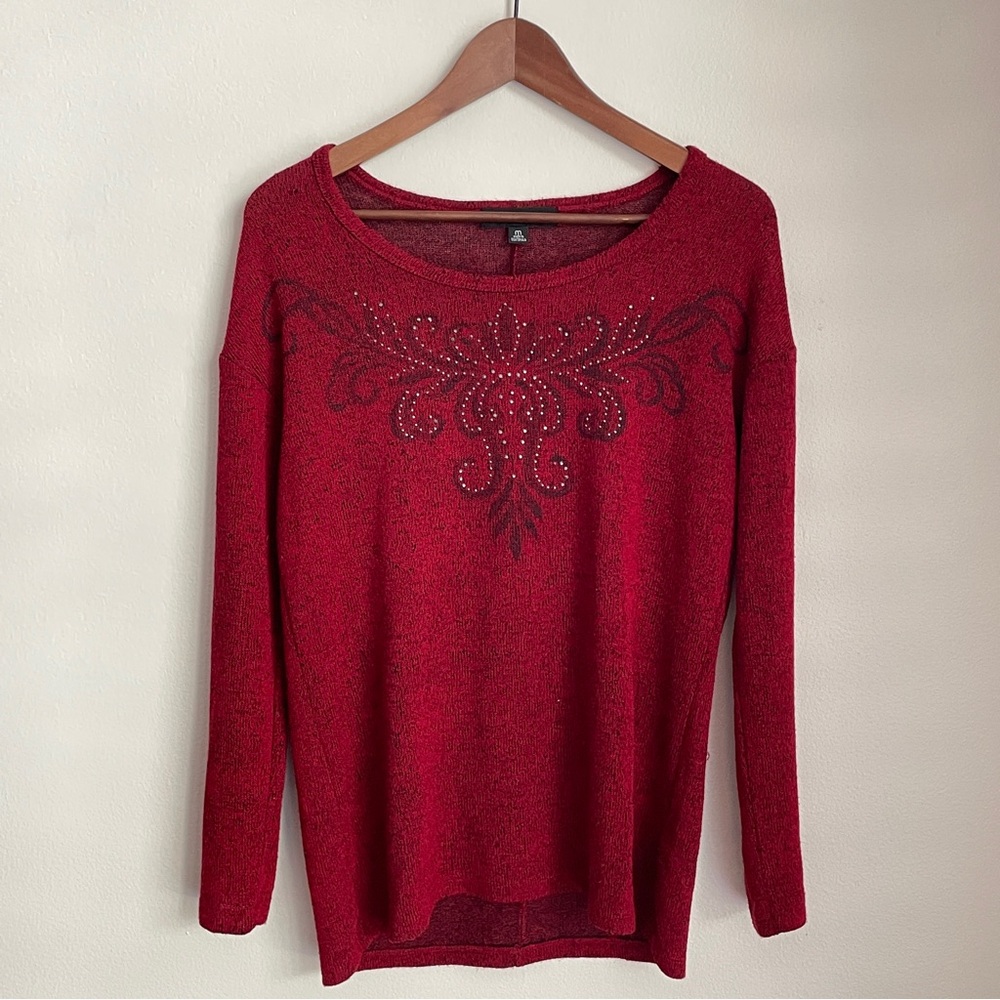 Vintage Y2K Red Graphic Long Sleeve Top M Bling Grunge Skater Girl Indie Sleaze